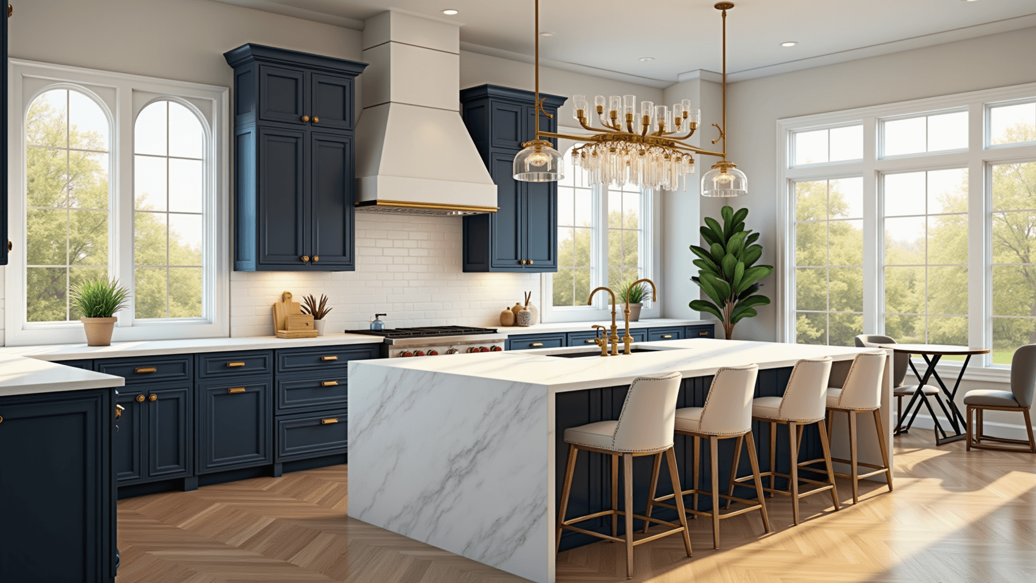 A luxurious modern kitchen interior with a marble waterfall island, navy blue cabinetry, herringbone wood flooring, and large arched windows, illuminated by warm sunlight and featuring a brass chandelier and fiddle leaf fig trees, captured in photorealistic 8K detail.