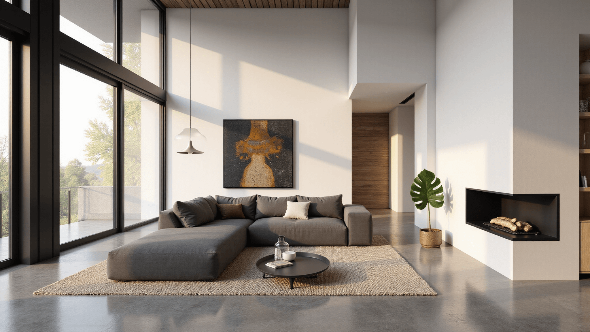 A photorealistic modern open-concept living space featuring floor-to-ceiling windows, minimalist design, and a neutral color palette with dark wooden accents. The sleek gray sectional sofa and black fireplace are complemented by floating white shelves and abstract artwork. Polished concrete floors are adorned with a cream area rug, and a fiddle leaf fig plant adds a touch of greenery. Warm golden hour light casts shadows, enhancing textures and reflections in this high-end interior scene.