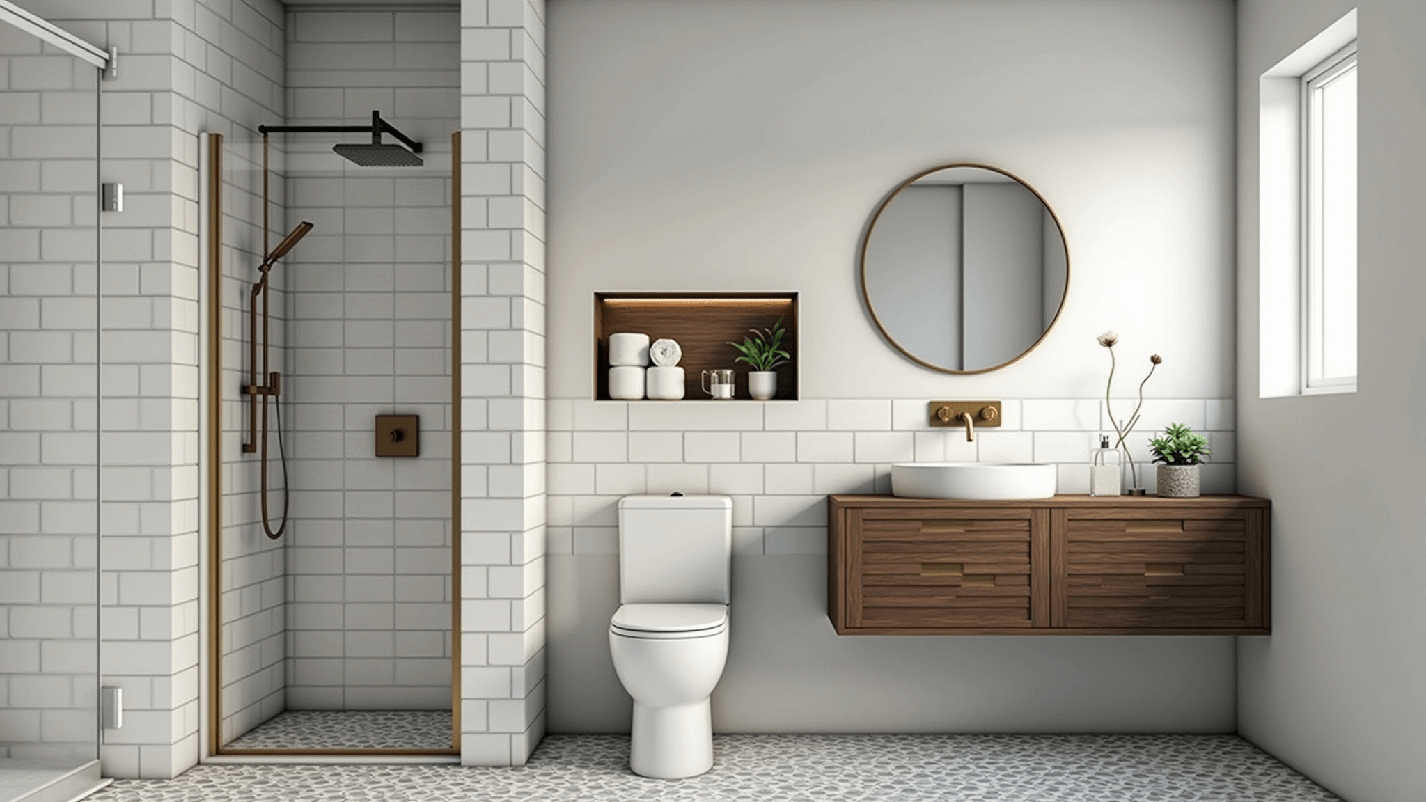Photorealistic image of a luxurious compact bathroom featuring white subway tiles, geometric hexagonal floor tiles, a dark walnut floating vanity with a white vessel sink, a circular brass-framed mirror, and a glass-enclosed walk-in shower, all lit by natural light from a skylight.