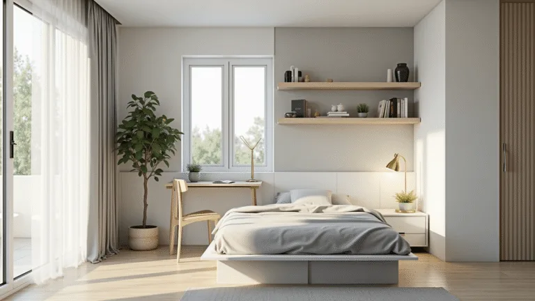 A photorealistic interior of a small, modern Bloxburg house featuring a minimalist design with white walls, light oak flooring, a white platform bed, and a compact desk area, illuminated by bright morning light and accented with greenery.