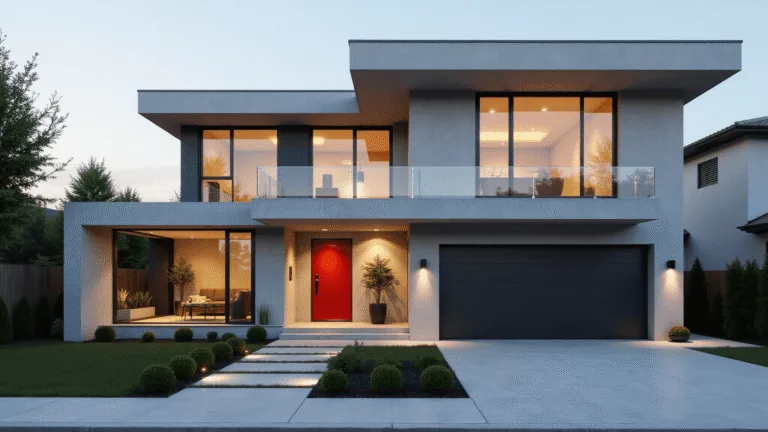 Photorealistic exterior of a modern minimalist Bloxburg house at golden hour, showcasing geometric lines, floor-to-ceiling windows, a flat roof over a concrete entryway, monochromatic grey and white color scheme, geometric boxwood shrubs, LED lighting, and a bold red door, captured in ultra-wide angle with hyper-detailed textures and soft natural reflections.