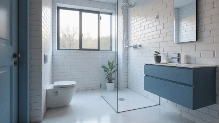 Photorealistic compact modern minimalist bathroom featuring white subway tile walls, a floating Cadet Blue vanity, and a frameless glass shower, illuminated by soft morning light, with minimal decor including a small potted succulent.