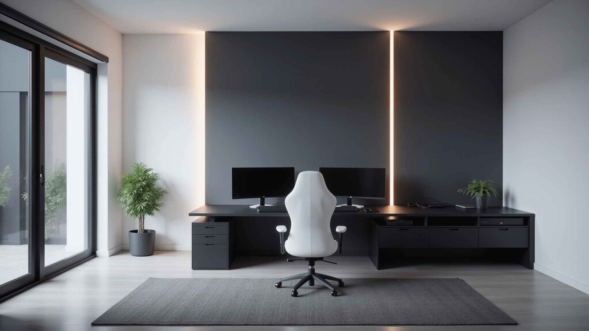 A modern gaming setup featuring a matte black L-shaped desk with dual ultrawide monitors, a white ergonomic chair, and a potted succulent, all in a minimalist room with stark white and charcoal walls, enhanced by ambient LED lighting.