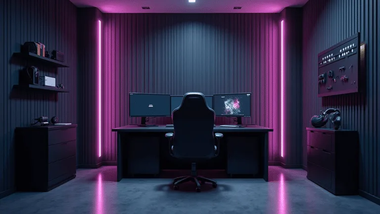 Black Gaming Setup: Creating the Ultimate Dark-Themed Battlestation A sleek, minimalist gaming battlestation with a matte black desk, curved ultrawide monitor, and subtle RGB ambient lighting, set against a dark textured wall, showcasing pristine cable management and a polished concrete floor.