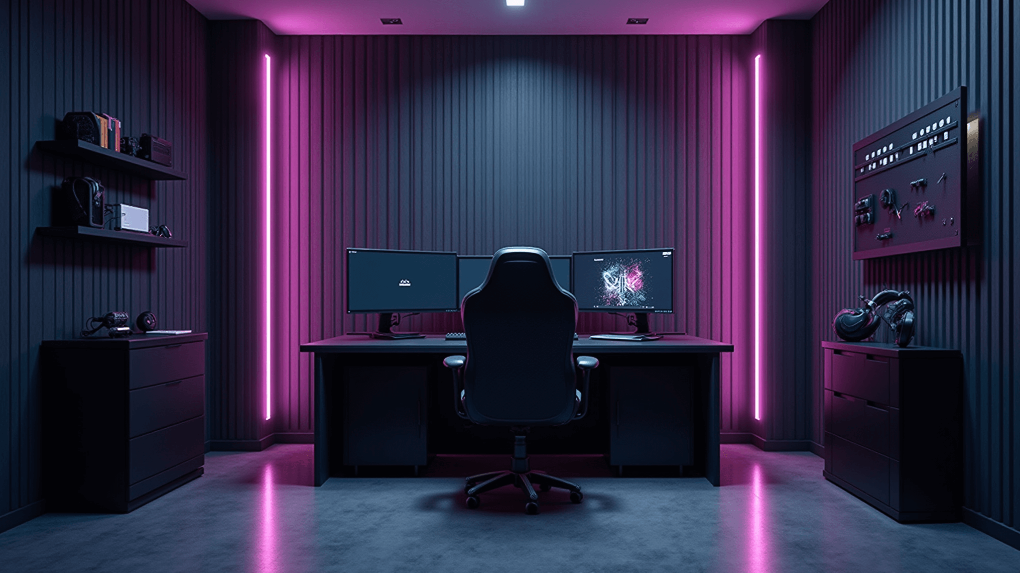 A sleek, minimalist gaming battlestation with a matte black desk, curved ultrawide monitor, and subtle RGB ambient lighting, set against a dark textured wall, showcasing pristine cable management and a polished concrete floor.