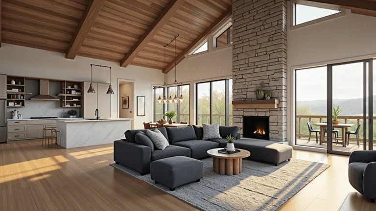 A photorealistic 3D render of a spacious open-concept living room and kitchen featuring hardwood flooring, vaulted ceilings with wooden beams, large windows, a charcoal gray sectional, stone fireplace, and a white marble kitchen island, illuminated by golden hour light.