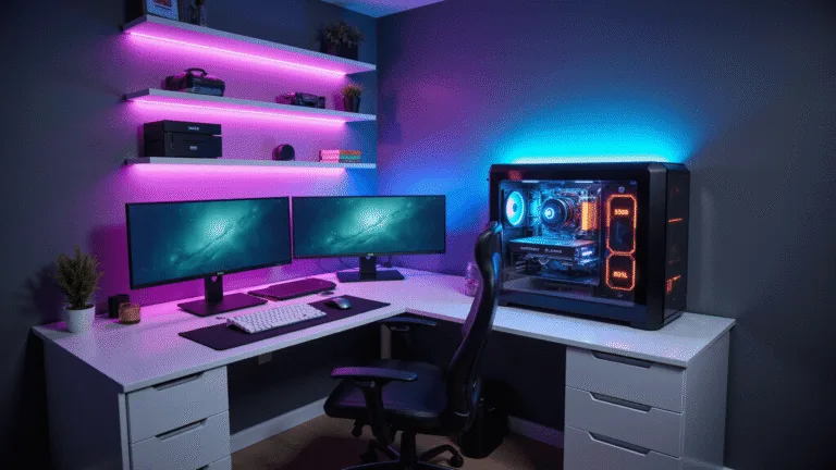 Hyperrealistic image of a modern gaming setup with an L-shaped white desk, dynamic RGB lighting, custom water-cooled PC, triple monitor display, clean cable management, minimalistic keyboard and mouse, and curated gaming collectibles on floating shelves.