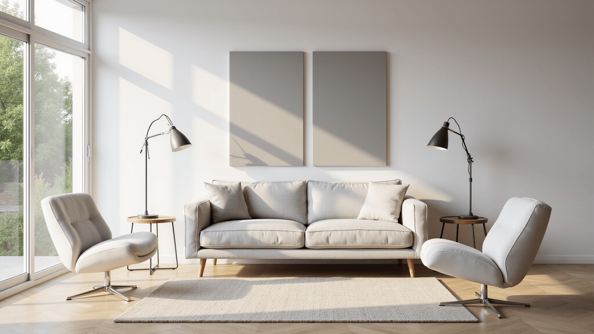 Photorealistic bright Scandinavian living room with a light grey sofa, white armchairs, minimalist art, and natural sunlight streaming through large windows, highlighting soft shadows on pale oak flooring.