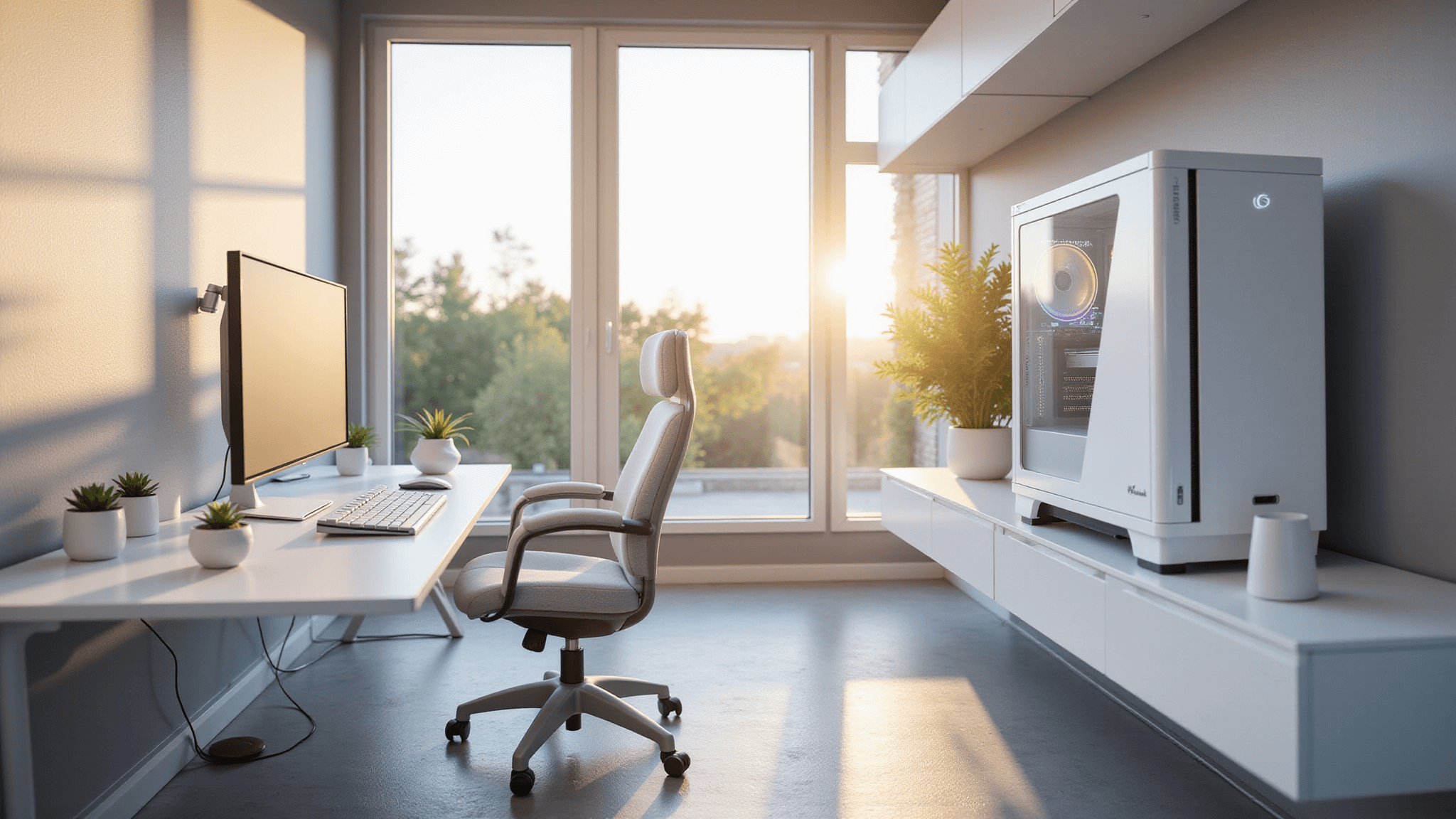 A minimalist white gaming setup in a sunlit modern room featuring a curved monitor, custom PC tower, ergonomic chair, and ambient LED lighting, accentuated by natural light and decorative succulents.