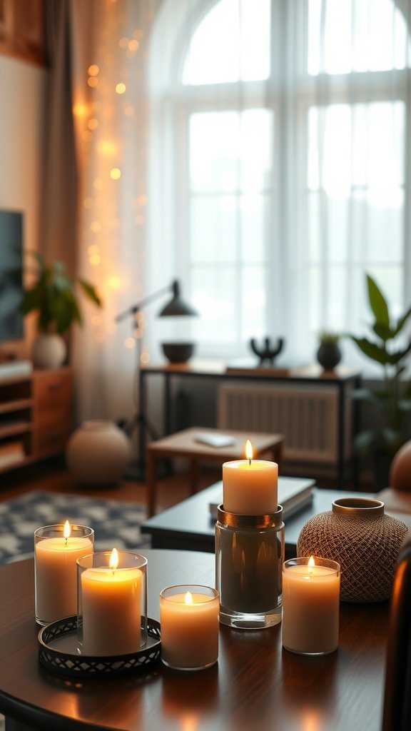 35 Essential Items for Creating the Ultimate Cozy Gaming Room A cozy gaming room with candles lit on a table, creating a warm atmosphere.