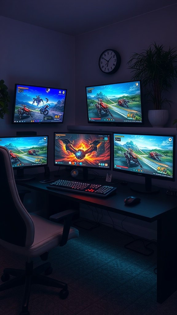 35 Essential Items for Creating the Ultimate Cozy Gaming Room A cozy gaming room featuring a multi-monitor setup with vibrant game displays and ambient lighting.