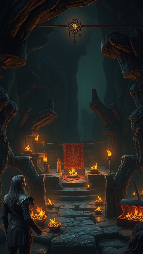 A mysterious dungeon with torches, a tapestry, and a figure standing in the center.