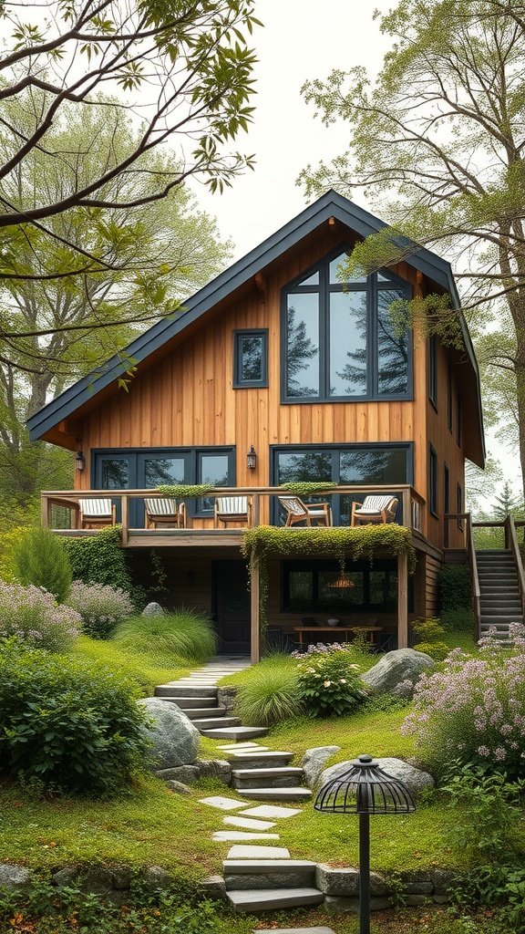 35 Dreamy Bloxburg House Ideas to Inspire Your Next Build A beautiful wooden house surrounded by greenery, featuring large windows and a welcoming pathway.
