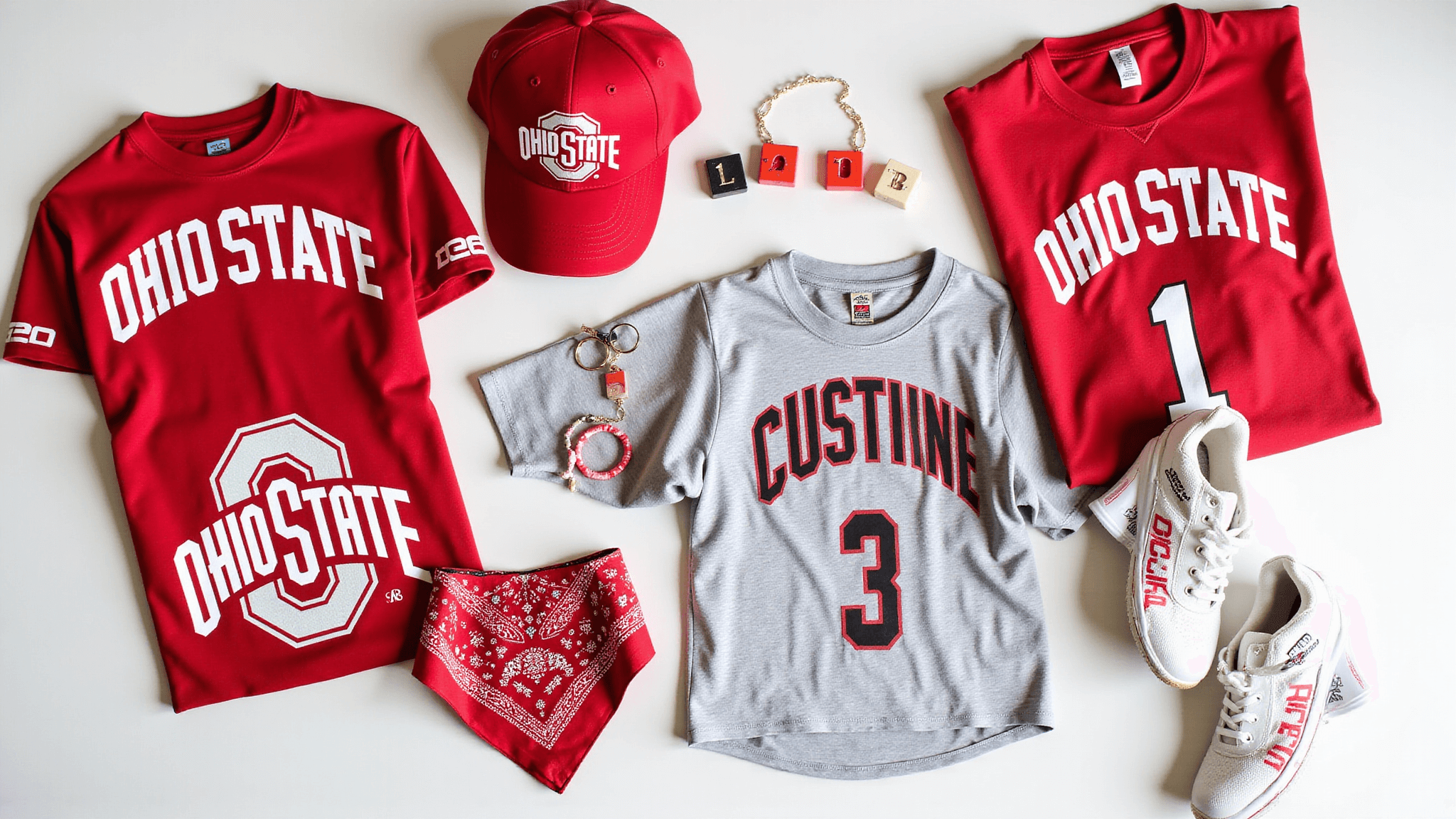 Flat lay of Ohio State game day outfits, including vintage and modern scarlet and gray jerseys, hoodies, and t-shirts, accessorized with Block O caps, bandanas, and face paint supplies, on a clean white background with soft natural lighting.