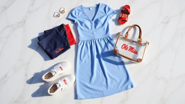 Flat lay of Ole Miss game day outfit featuring a powder blue midi dress, navy and red accessories, a clear bag with gold hardware, pearl earrings, and white sneakers on a white marble surface, illuminated by natural light.