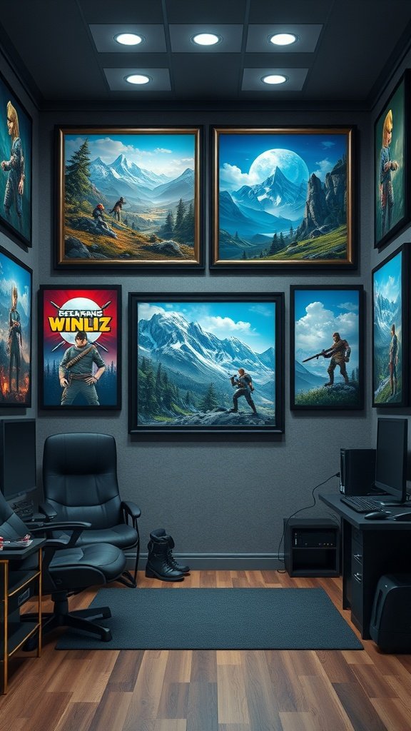 35 Essential Items for Creating the Ultimate Cozy Gaming Room A cozy gaming room with framed wall art featuring landscapes and game characters.