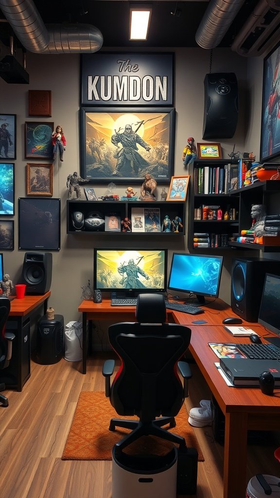 A personalized gaming room with dual monitors, a gaming chair, and decorated walls.