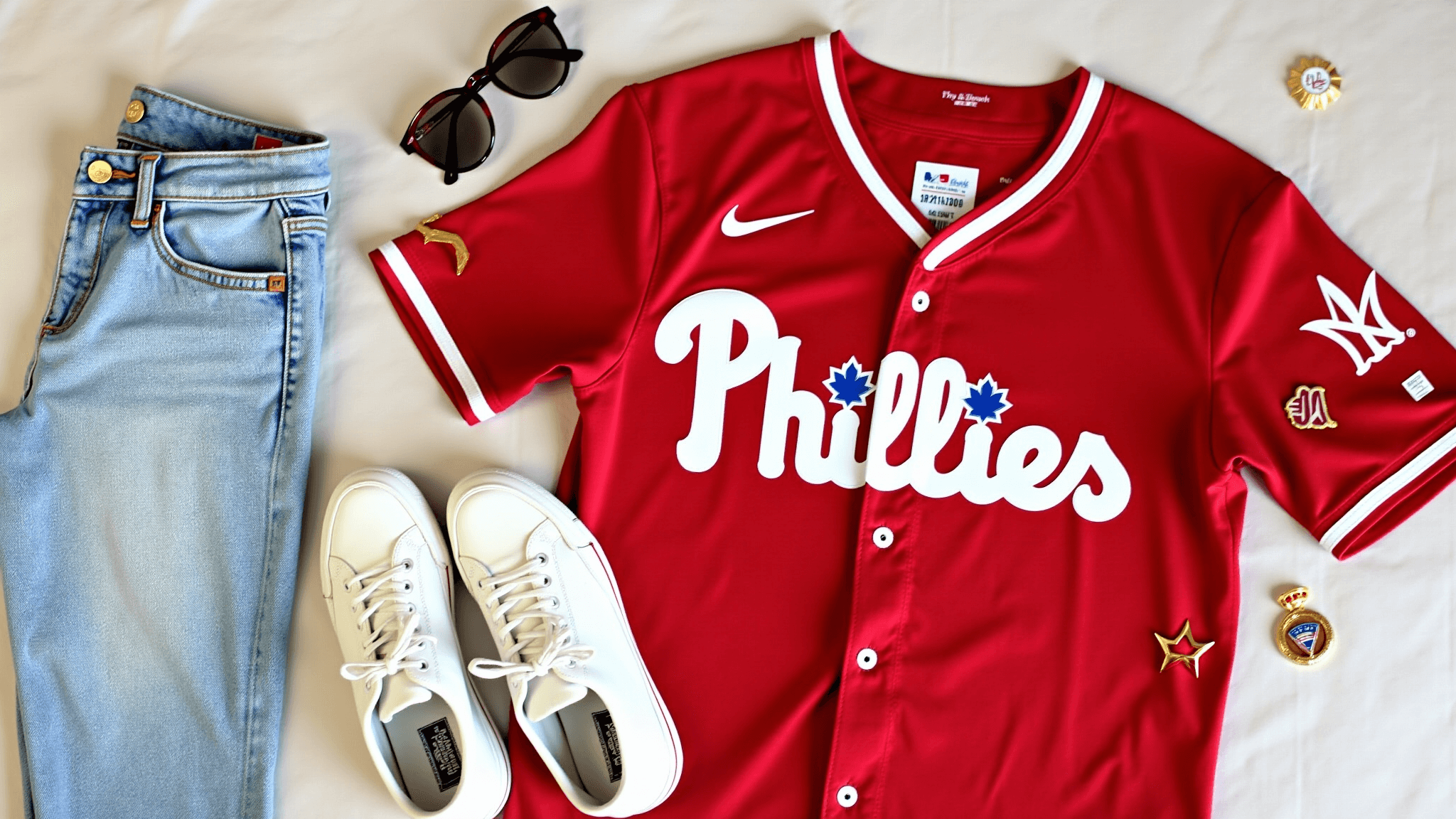 Flatlay of a Phillies jersey, white sneakers, and light wash denim on a neutral bedspread, adorned with red silk hair ribbons, minimal gold jewelry, and retro sunglasses, illuminated by soft morning light.