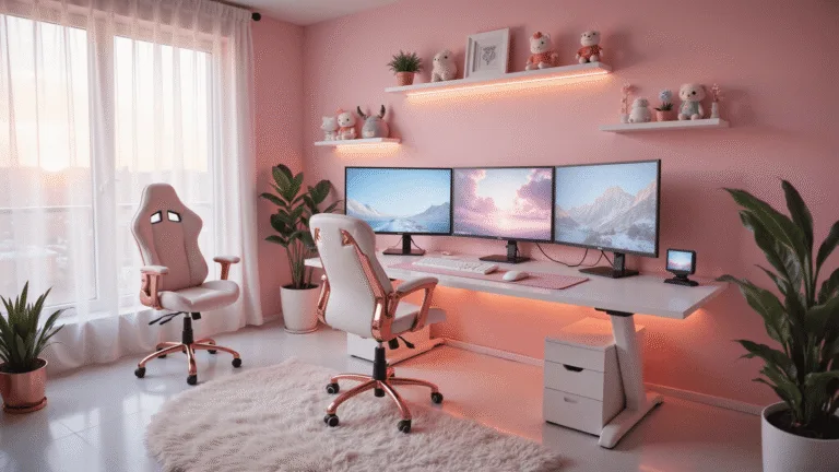 A dreamy gaming setup featuring dual monitors on a minimalist white desk, adorned with a pink mechanical keyboard and matching mouse, bathed in soft natural light, with curated anime figurines on floating shelves, and a luxurious rose gold gaming chair against a blush pink wall, enhanced by LED strip lighting and string lights.