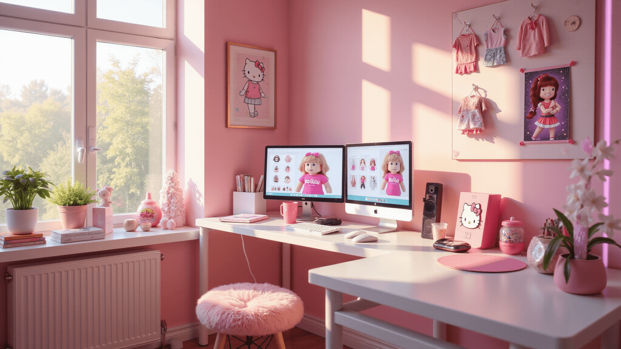 A bright gaming room showcasing a minimalist white desk with pink gaming accessories, dual monitors with Roblox character customization, Hello Kitty merchandise, LED strip lights, and a fashion mood board, all illuminated by warm afternoon sunlight.
