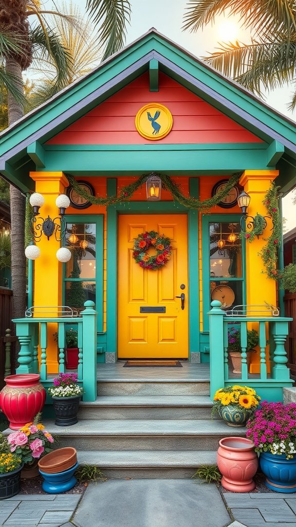 35 Dreamy Bloxburg House Ideas to Inspire Your Next Build A colorful bungalow with a yellow door, surrounded by vibrant flower pots.