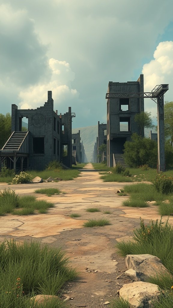 A deserted street with crumbling buildings and overgrown grass in a post-apocalyptic setting.