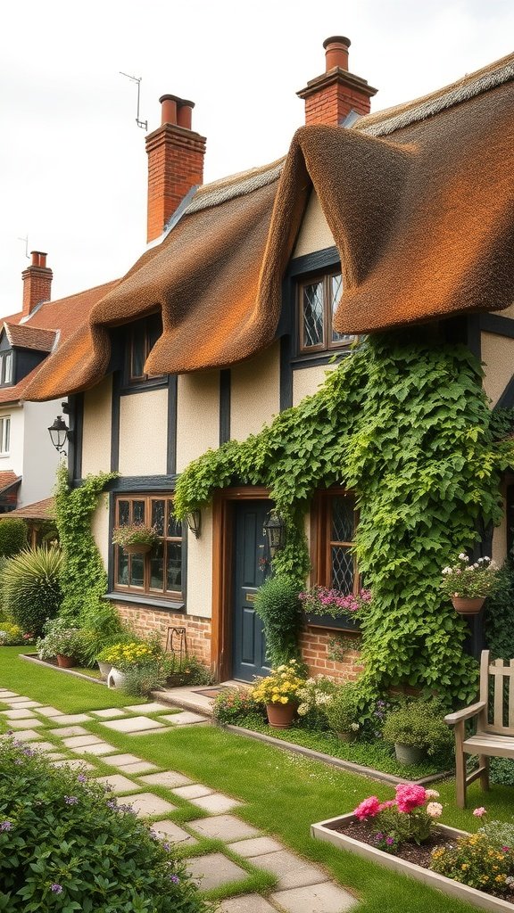 35 Dreamy Bloxburg House Ideas to Inspire Your Next Build A charming English cottage with a thatched roof and lush greenery.