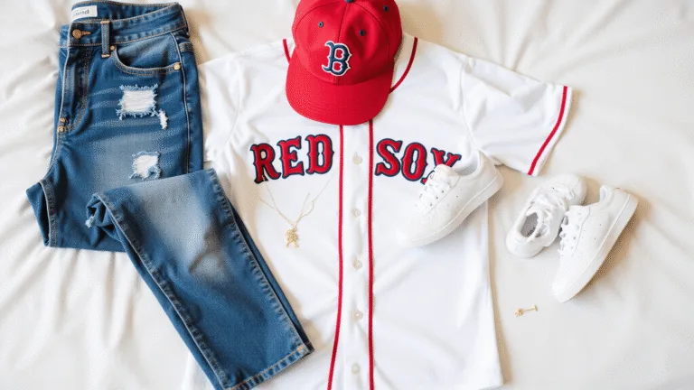 Flat lay of a Red Sox jersey, distressed high-waisted jeans, white sneakers, vintage cap, and gold jewelry on white bedding, illuminated by soft morning light.
