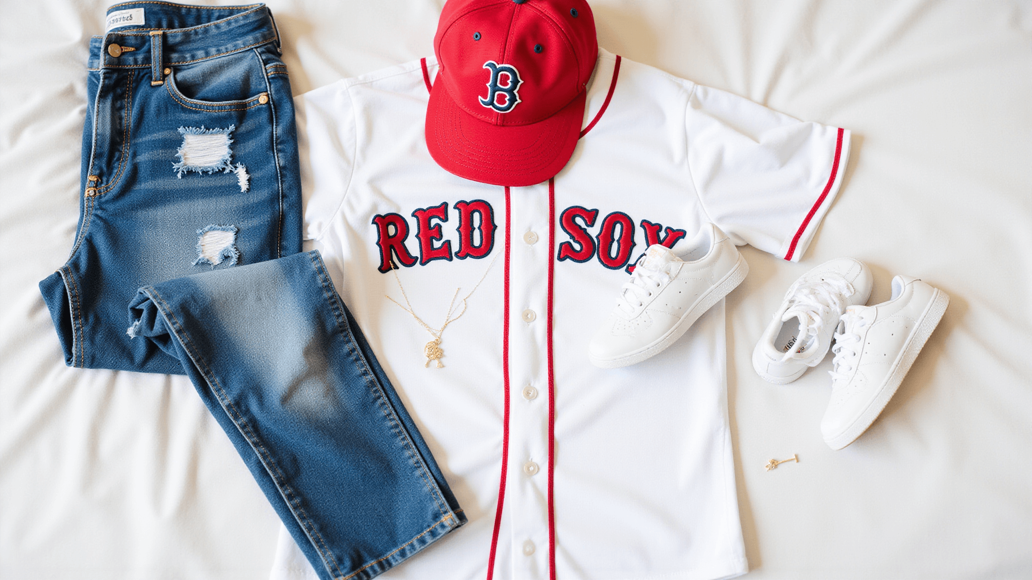 Flat lay of a Red Sox jersey, distressed high-waisted jeans, white sneakers, vintage cap, and gold jewelry on white bedding, illuminated by soft morning light.