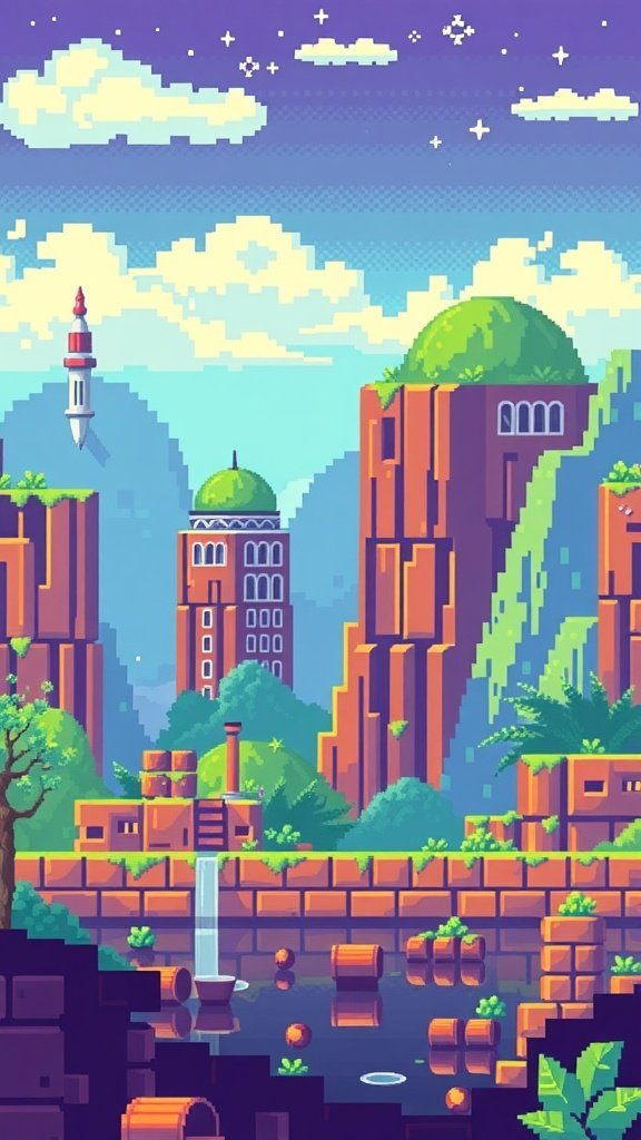 A vibrant retro pixel art landscape with mountains, greenery, and a waterfall.