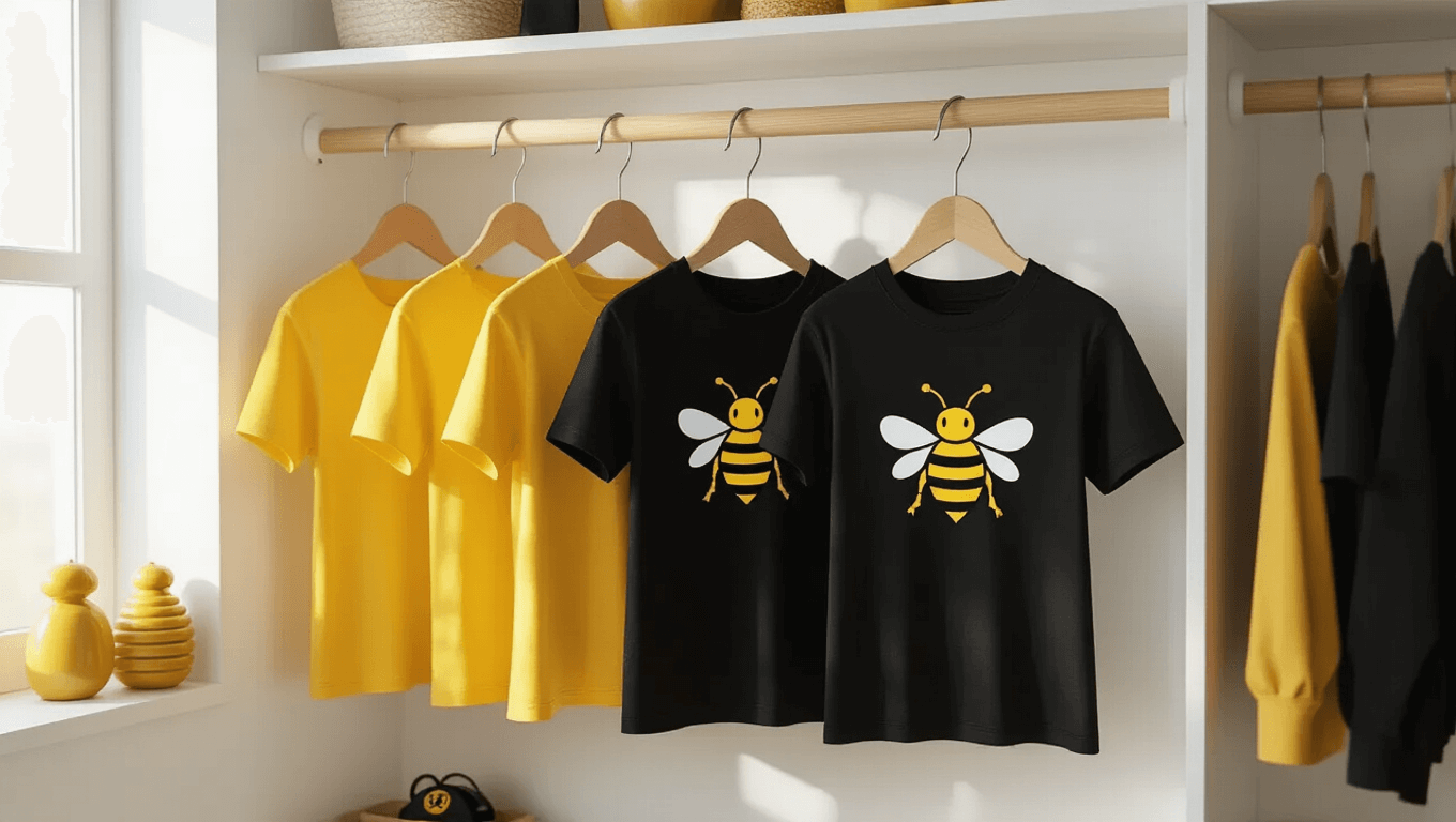 Minimalist closet showcasing yellow and black bee-themed Roblox t-shirts on wooden hangers, illuminated by soft morning light with honey-colored decor elements nearby.