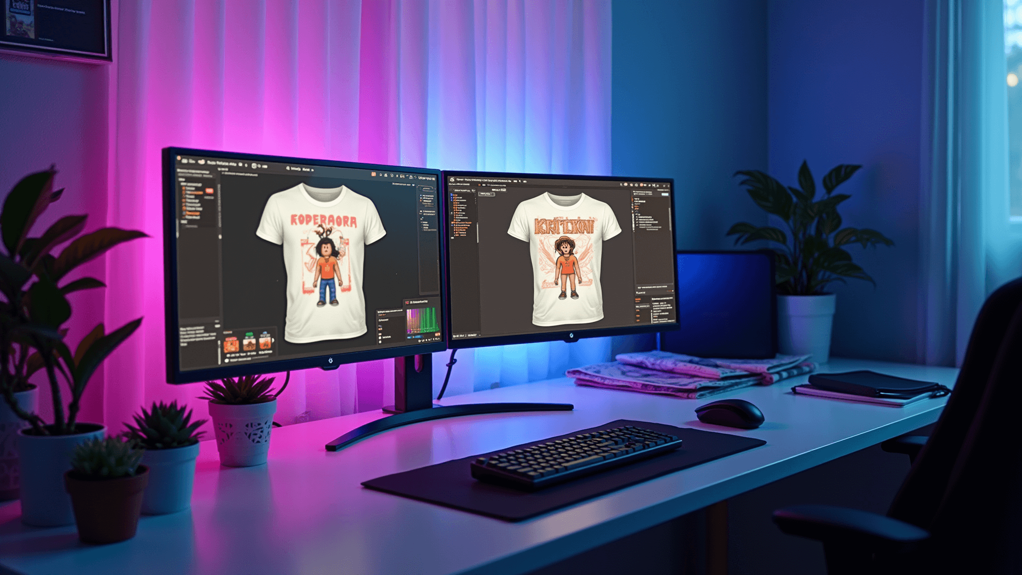 A modern gaming setup featuring dual monitors showcasing Roblox character designs, RGB lighting, a graphic tablet, and organized reference materials on a clean white desk, with natural daylight streaming through sheer curtains.