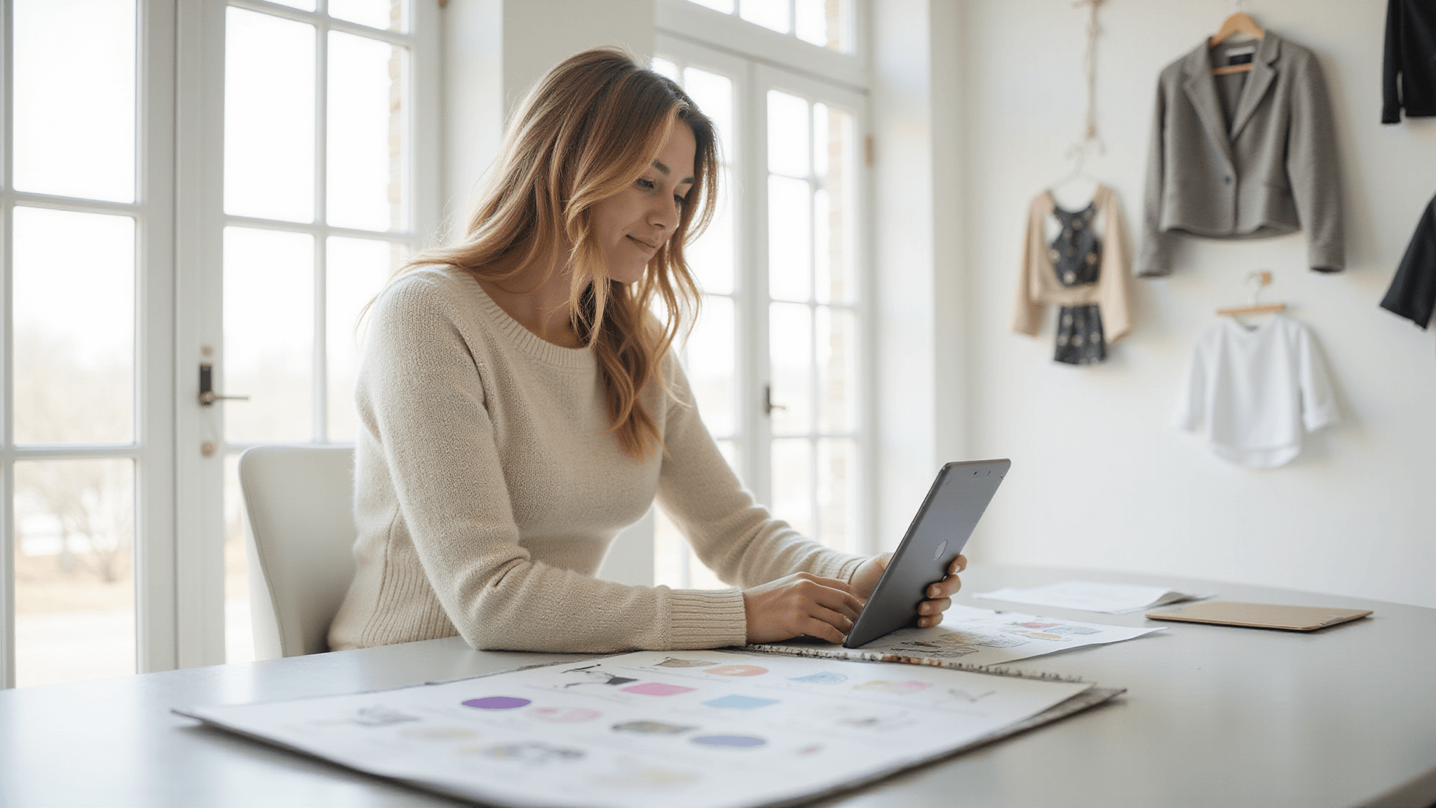 A young female designer in a cream cashmere sweater works at a sleek white desk in a sunlit minimalist design studio, with a tablet showing Roblox crop top designs and mood boards on the walls, surrounded by fabric swatches and soft natural lighting.