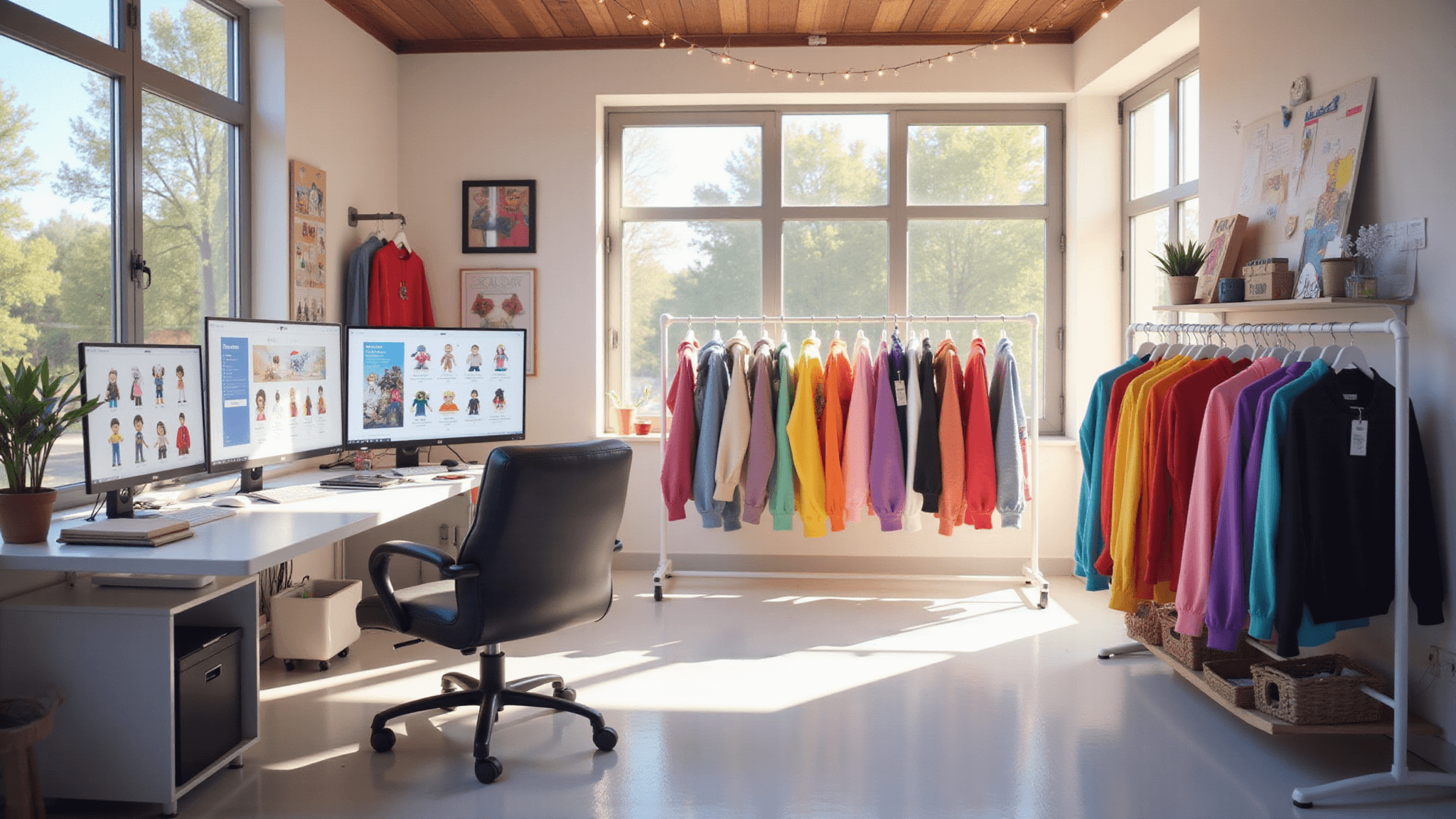A modern creative studio filled with natural light, showcasing colorful custom hoodies, multiple computer monitors with Roblox templates, and cozy ambiance from string lights.