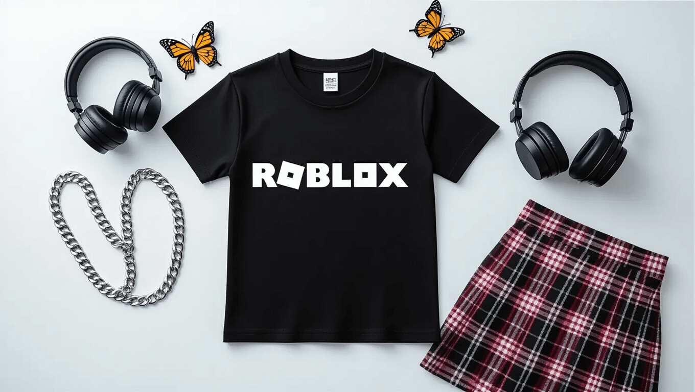 A stylish flat lay featuring a black Roblox t-shirt, silver chain necklaces, gaming headphones, butterfly hair clips, and a plaid mini skirt on a white marble surface, illuminated by soft natural light.