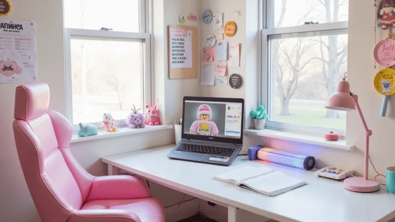 A vibrant gaming workspace featuring a pink chair, white desk, and pastel accessories, illuminated by natural light, with a laptop showing Roblox avatar customization, kawaii plushies, and mood boards on display.