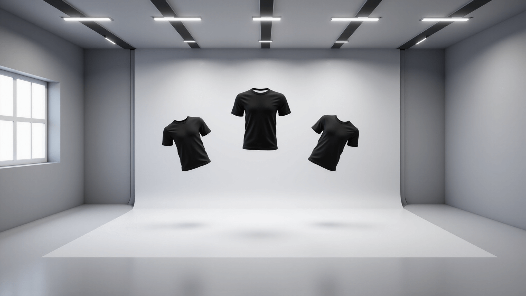 Modern photography studio showcasing floating virtual mock-ups of black t-shirts on Roblox avatars, with soft lighting and a pearl-white backdrop, complemented by holographic UI elements for customization.