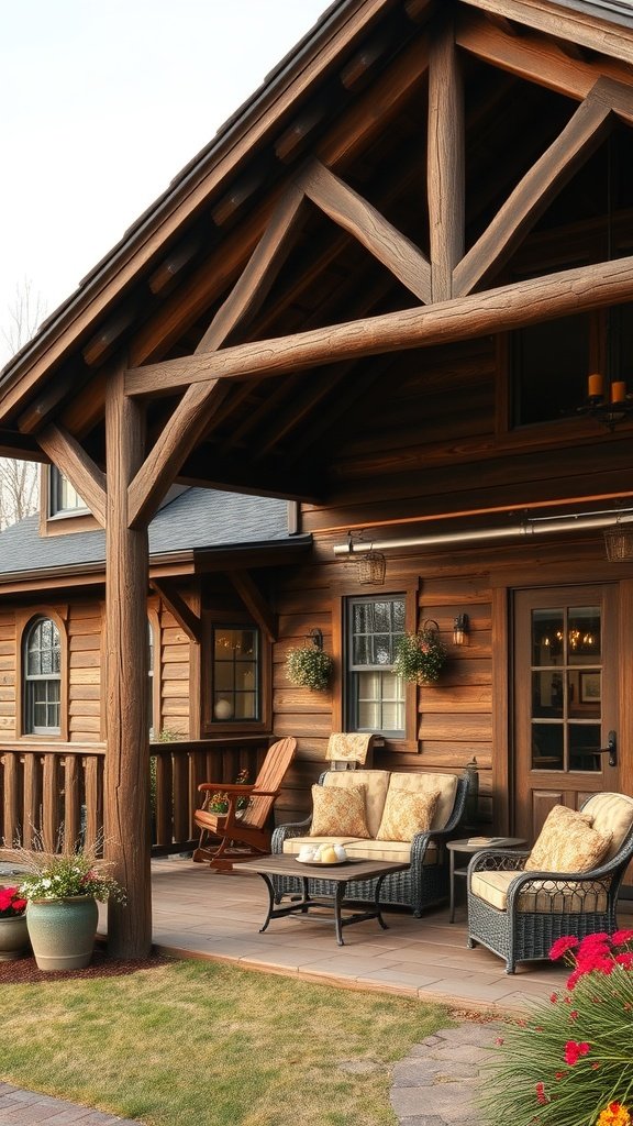 35 Dreamy Bloxburg House Ideas to Inspire Your Next Build A rustic farmhouse porch with wooden beams and cozy seating.