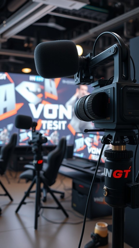 A professional streaming setup featuring a camera, microphone, and gaming chairs in a gaming room.