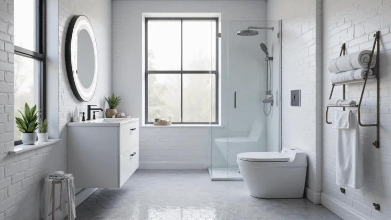 Photorealistic 3D rendering of a compact modern bathroom featuring a floating white vanity, LED-backlit mirror, glass shower enclosure, and hexagonal light gray floor tiles, under soft natural lighting from a frosted window.