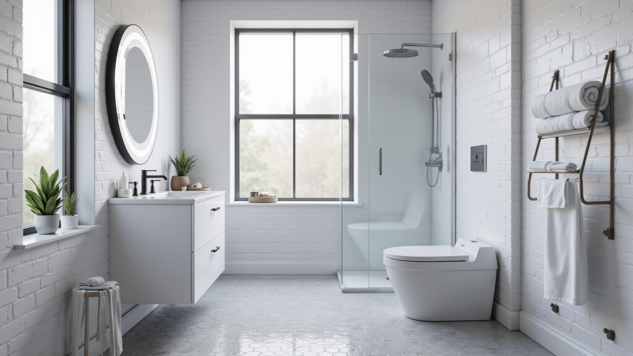 Photorealistic 3D rendering of a compact modern bathroom featuring a floating white vanity, LED-backlit mirror, glass shower enclosure, and hexagonal light gray floor tiles, under soft natural lighting from a frosted window.