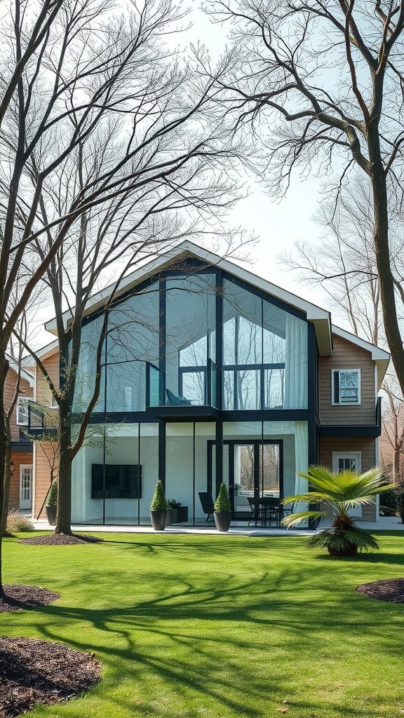 35 Dreamy Bloxburg House Ideas to Inspire Your Next Build A modern glass house surrounded by trees and a green lawn.