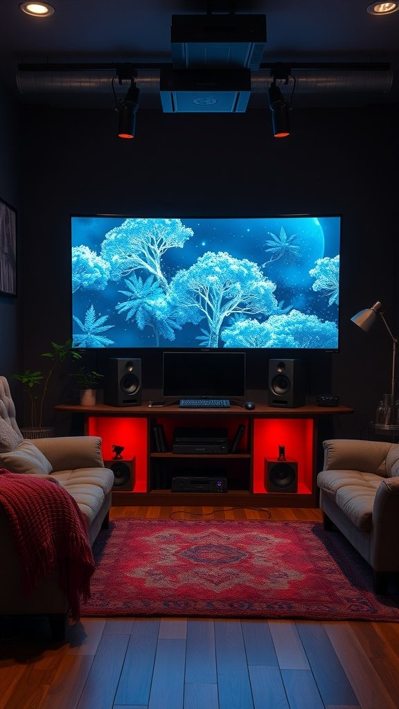 35 Essential Items for Creating the Ultimate Cozy Gaming Room Cozy gaming room with a sound system, projector, and comfortable seating.