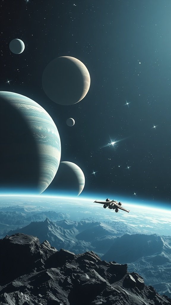 A futuristic spacecraft flying over a planet with multiple celestial bodies in the background.