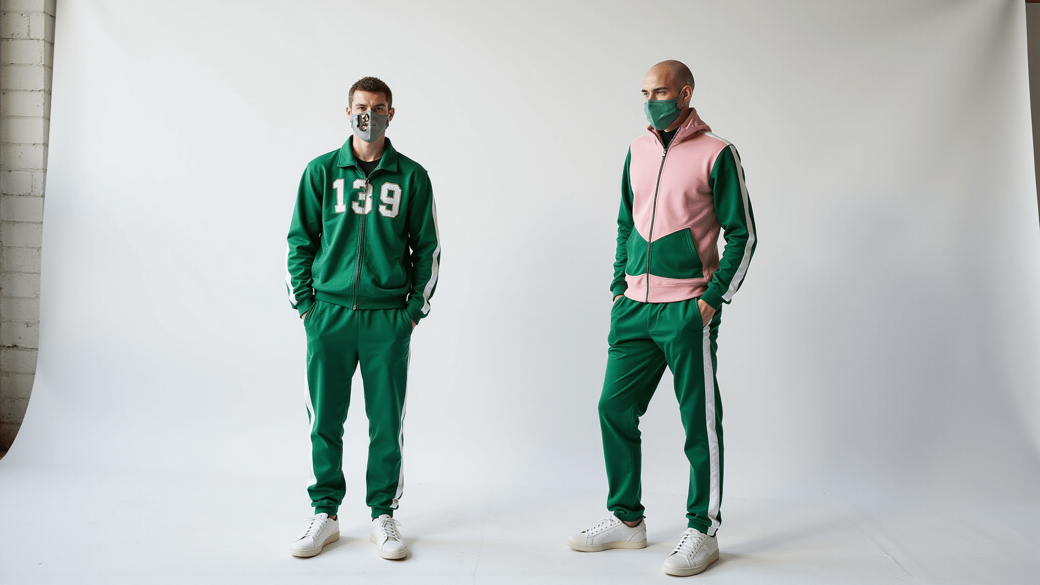 Models showcase iconic Squid Game outfits in a minimalist studio, featuring green tracksuits with white numbers and pink guard uniforms with geometric masks, all accentuated by dramatic lighting and a clean white backdrop.