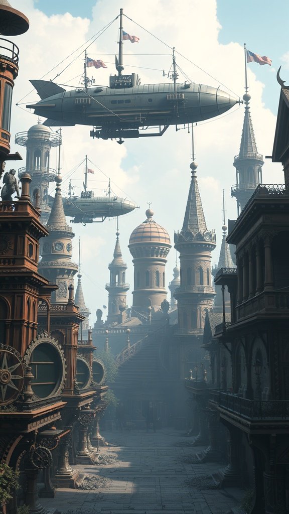A steampunk city with airships and intricate architecture.
