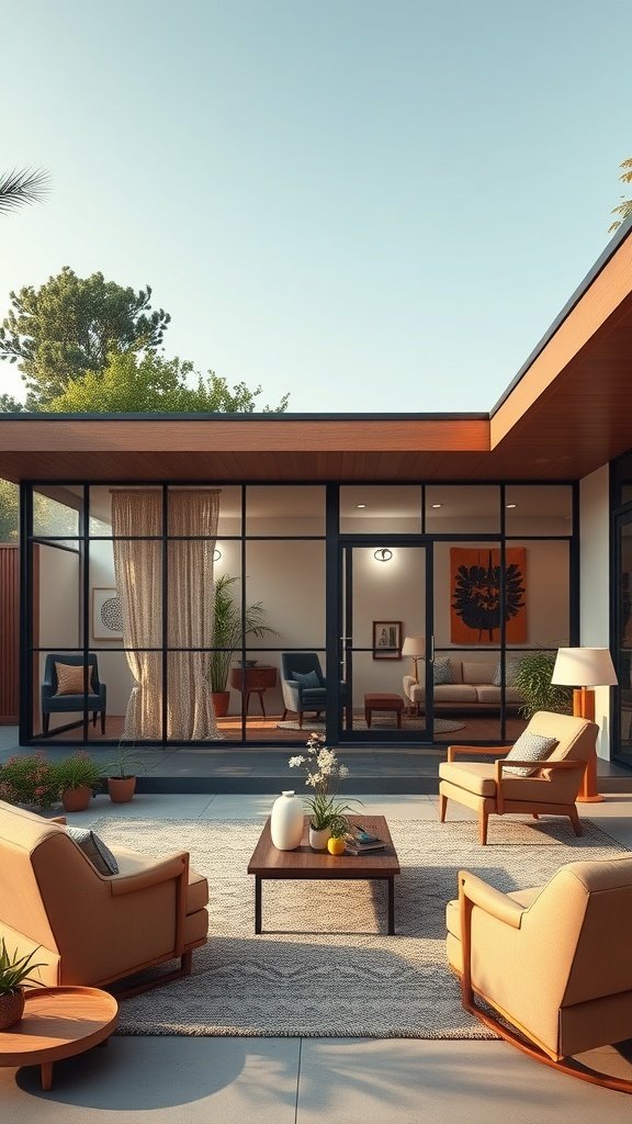 35 Dreamy Bloxburg House Ideas to Inspire Your Next Build A stylish mid-century modern outdoor seating area with large windows and cozy chairs.