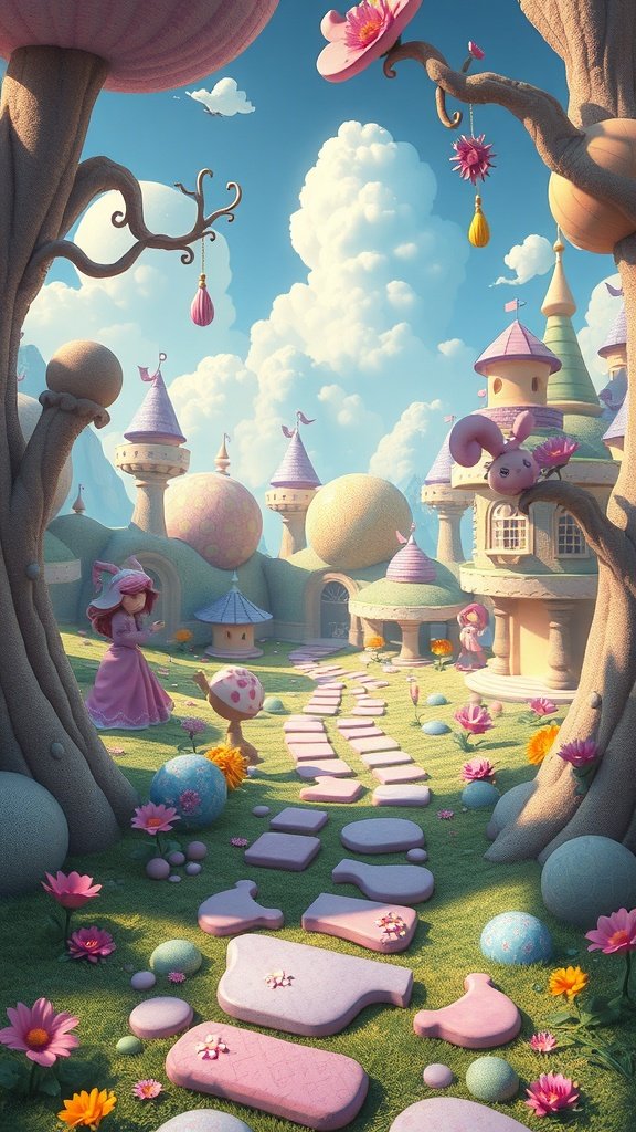 A colorful and whimsical landscape featuring playful trees, flowers, and castles.