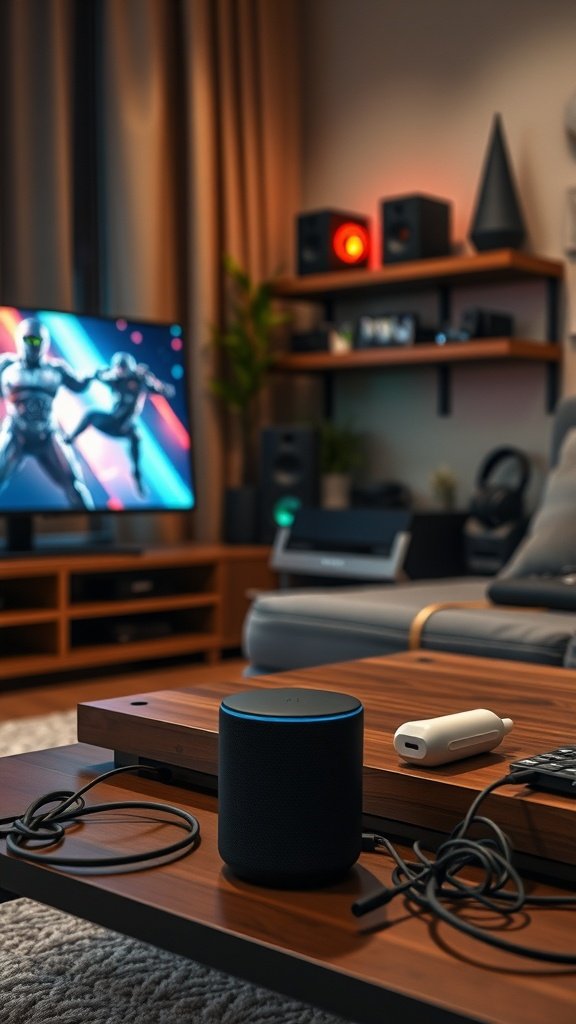 35 Essential Items for Creating the Ultimate Cozy Gaming Room A cozy gaming room featuring a smart speaker, a TV displaying a game, and various tech accessories on a wooden table.