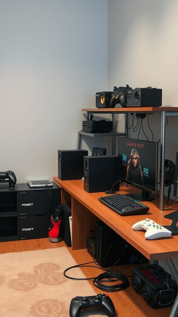 35 Essential Items for Creating the Ultimate Cozy Gaming Room A cozy gaming room with organized tech setup, featuring a desk with a monitor, keyboard, and gaming consoles.